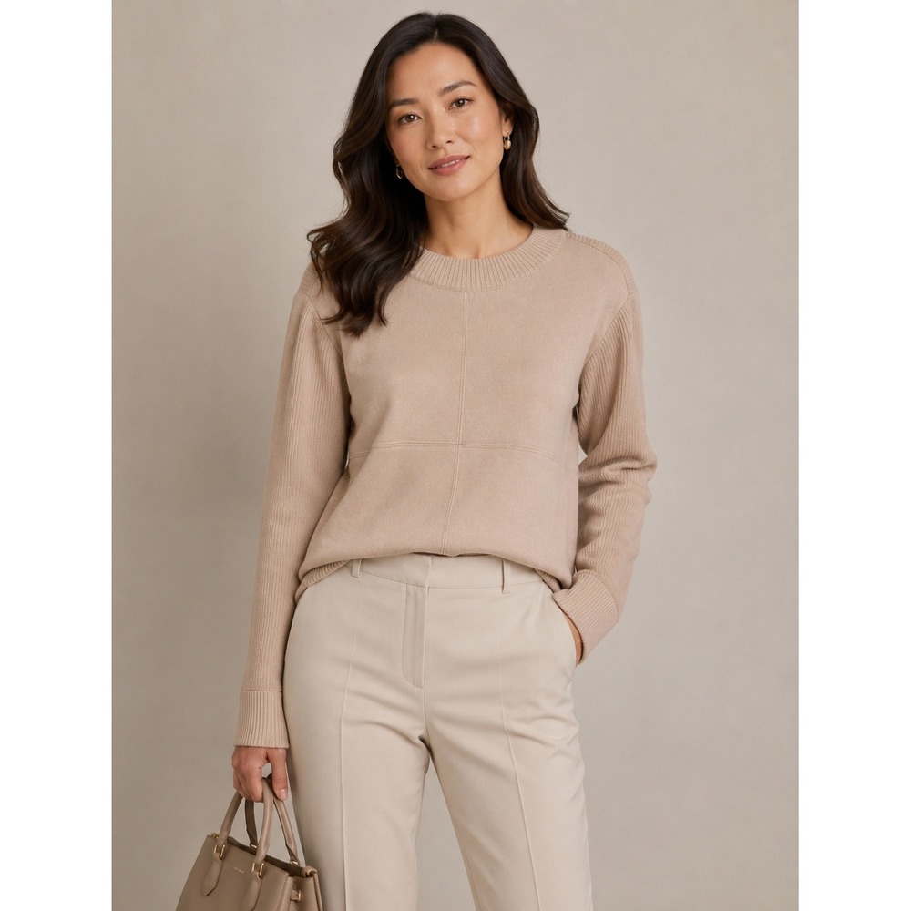 Ann Taylor Womens Beige Mixed Media Faux Suede Ribbed Knit‎ Sweater L